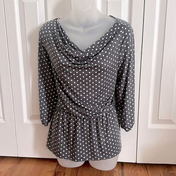 Robert Louis Tops - Robert Louis Gray Polka Dot Cinch Waist Silky Blouse Medium M